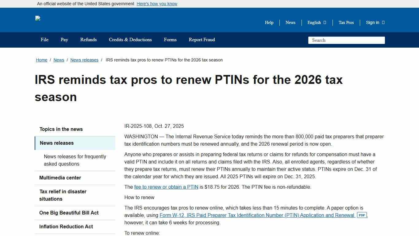 IRS reminds tax pros to renew PTINs for the 2026 tax season Internal Revenue Service